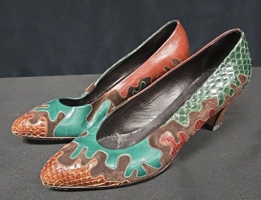 Andrea Pfister Neiman Marcus Italy Vintage Multicolor Leather Heels Shoes Size 8